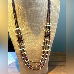 Vintage Native 3 Strand Heishi Beads & MOP Bird Fetish Necklace